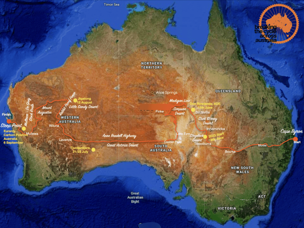 Breaking the Cycle Across Australia 2023 map with approximate route