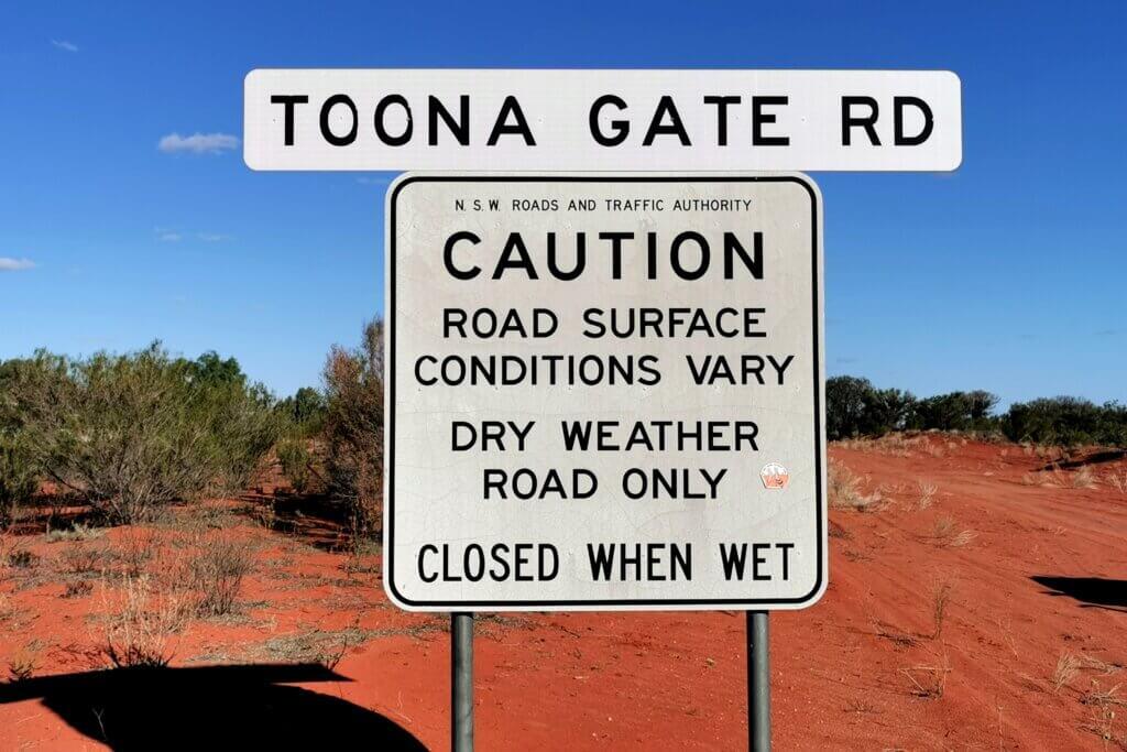 The Toona Gate road sign near the Dingo Fence, the NSW and Queensland border