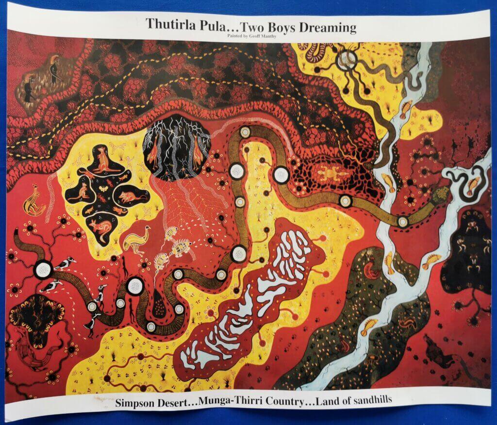Two Boys Dreaming – a picture of the mural of Don’s office wall. The serpent connects the waterholes from Dalhousie Springs in the west of Munga-Thirri to Birdsville
