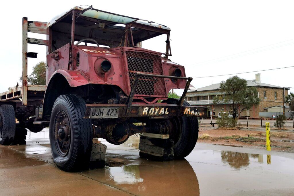 Tom Kruse’s mail truck with the Marree Hotel (built 1883) behind