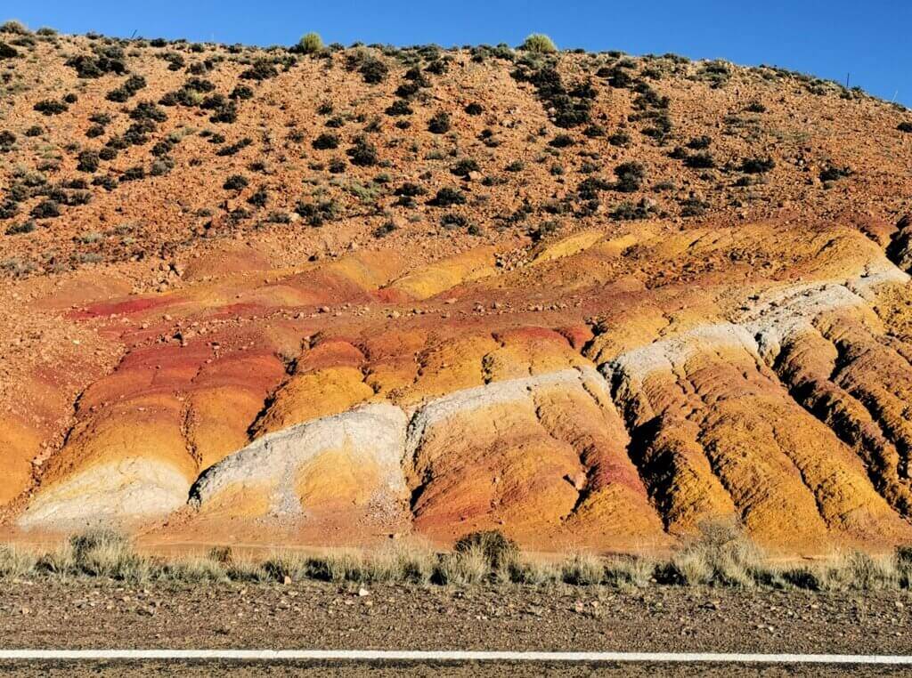 The colours of ochre hills were eye-catching in several of the road cuttings.
