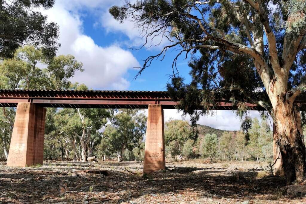 Stopping in the bed of Windy Creek to appreciate the wonderful bridge architecture of the Old Ghan railway