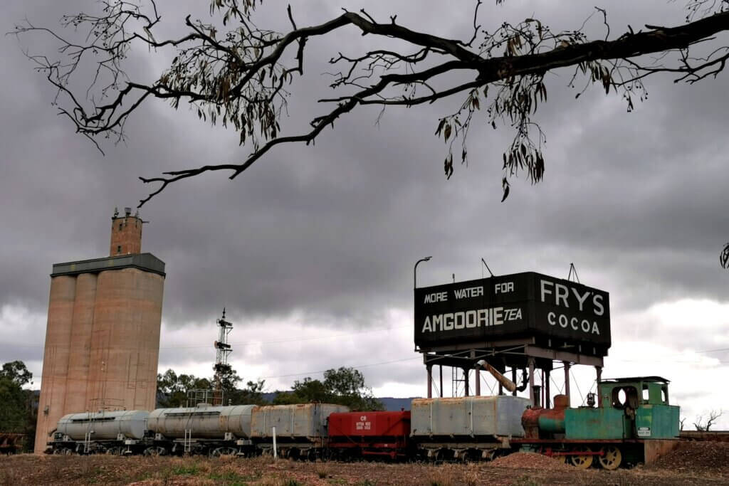 The old Ghan siding at Quorn – with some old advertising billboards