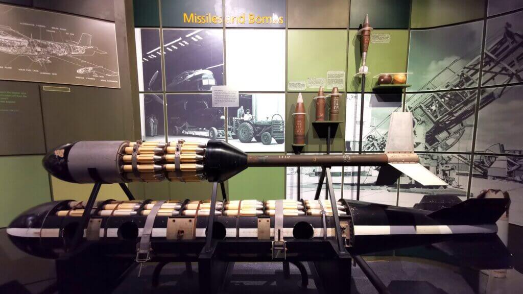 This is a cutaway model of a cluster bomb, now banned by the Geneva Convention – an evil weapon