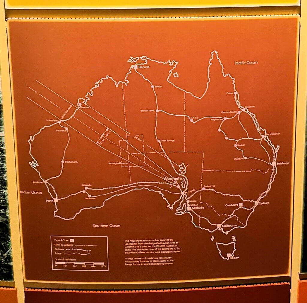 This shows the extent of the line of fire of the Woomera Rocket Range, from Woomera to the Pilbara in Western Australia
