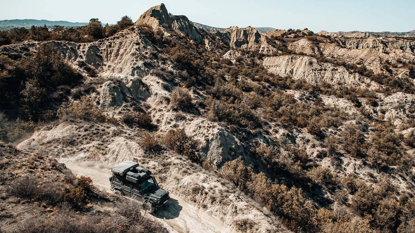 Mercedes G driving through the mountains in the Teshuti National Park, Georgia