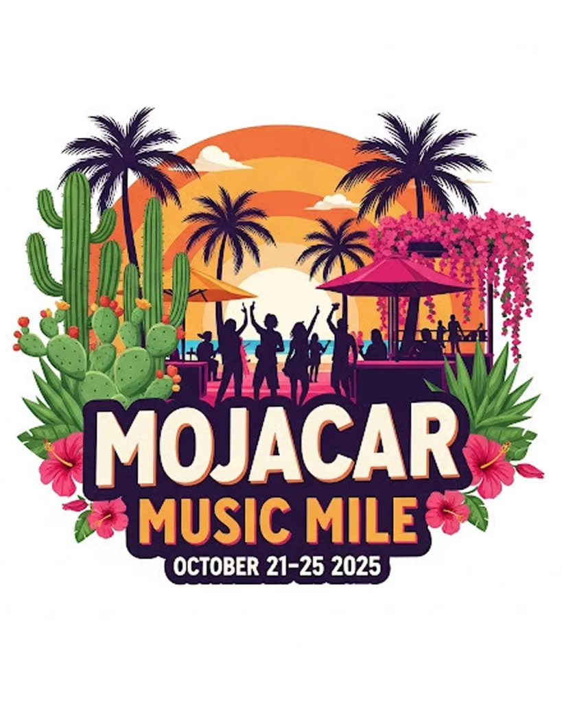 mojacar music mile logo. cartoon with plam trees and a party on the beach
