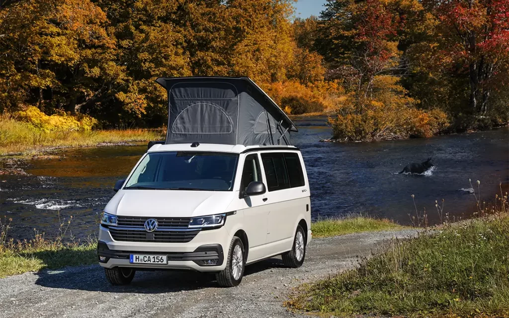 vw bus with 2-tone paintwork as a nod to its predecessors