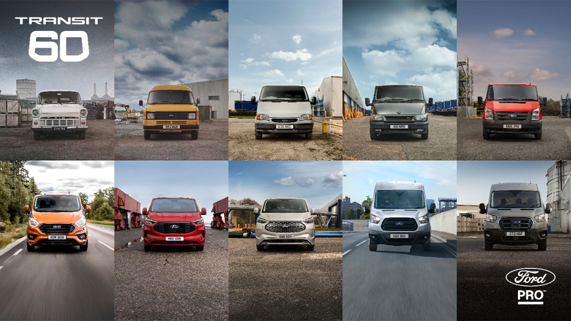 various models of Ford transit spanning the last 60 years