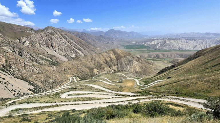 mountain road with countles switchbacks in Kyrgyzstan