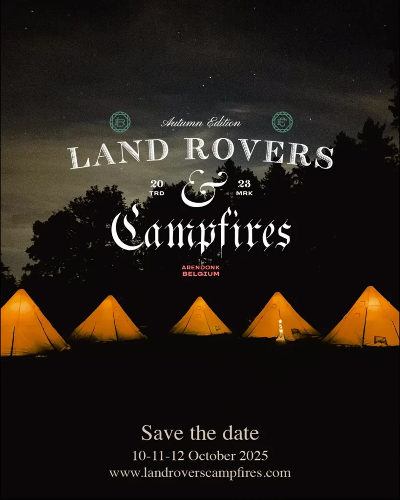 Land Rover & Campfires logo. Nightime scen with tents lit from inside