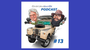 logo for podcasts #13 - a cartoon of the host, the editor in Larry the Land Rover