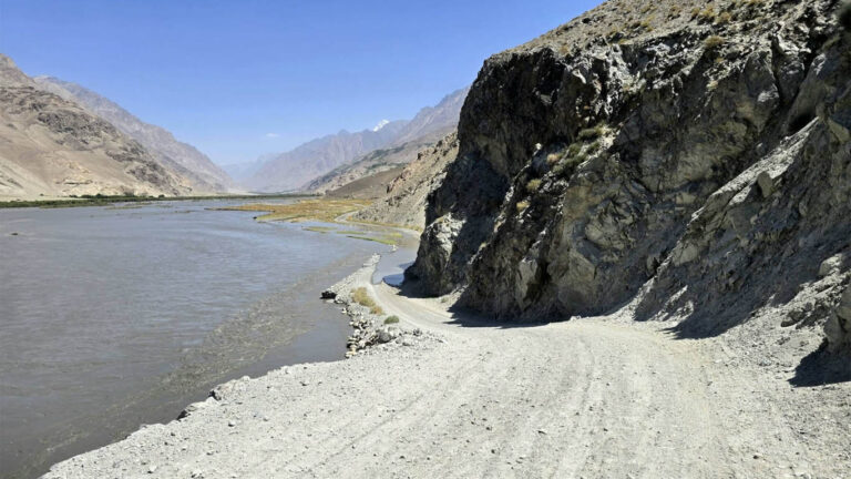 A track along the Wahkhan valley flooded by the river
