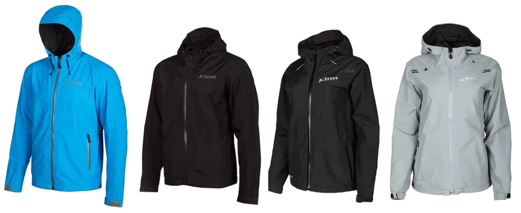 klim stow away and eclipse jackets in blue black and grey