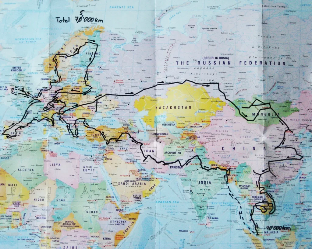 map of the 75,000 km route from Switzerland to Thailand via Euorpe, Russia, Mongolia and China