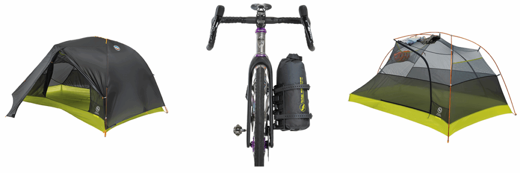 Tiger Wall tent erected and attached to bike