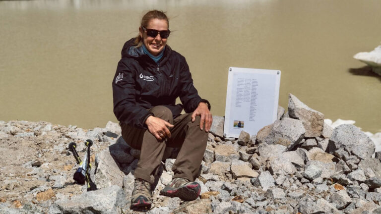 Kate Leeming sitting at the true source of the Oxus River which she discovered in 2025