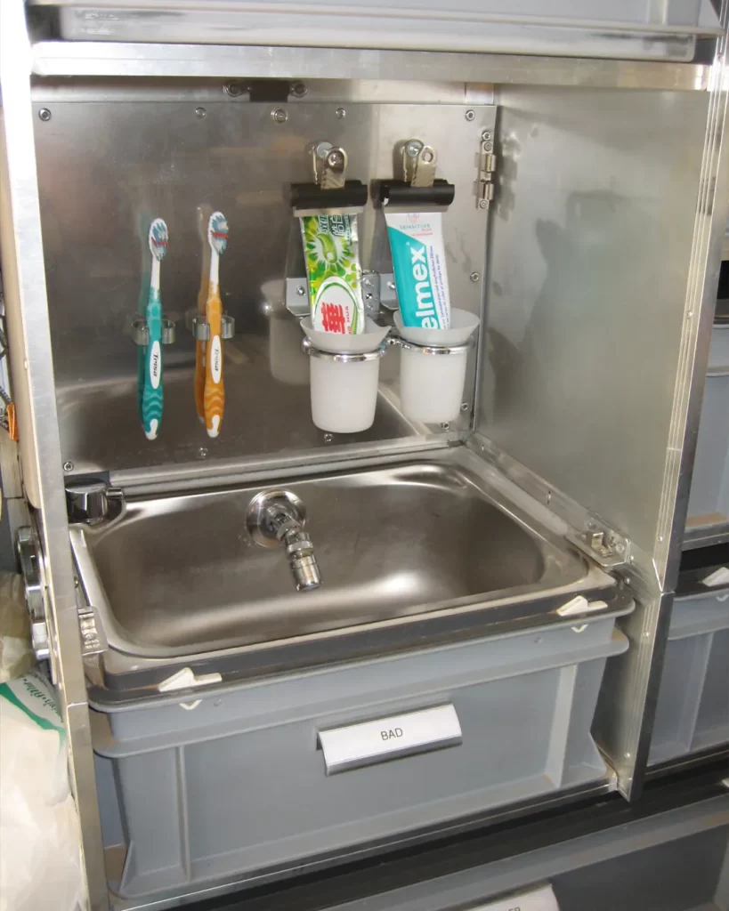 wash basin built into a storage box